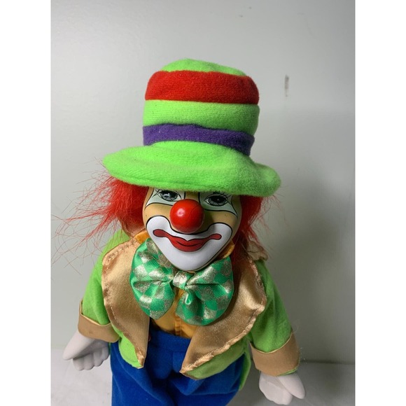 Vintage Porcelain Head Hands Feet Clown Blue Overall Pants Stuffed Body 13'' - Picture 2 of 9